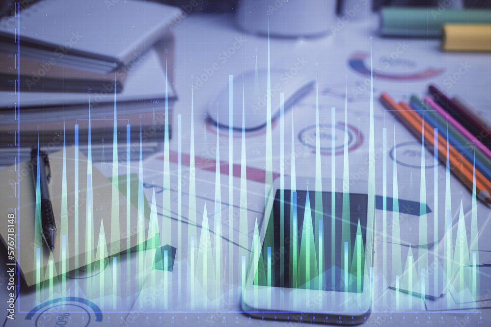 Aufkleber double exposure of forex graph drawing and cell phone background. concept of financial data analysis