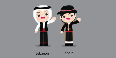Lebanon in national dress with a flag.  man in traditional costume. Travel to Spain. People. Vector flat illustration.