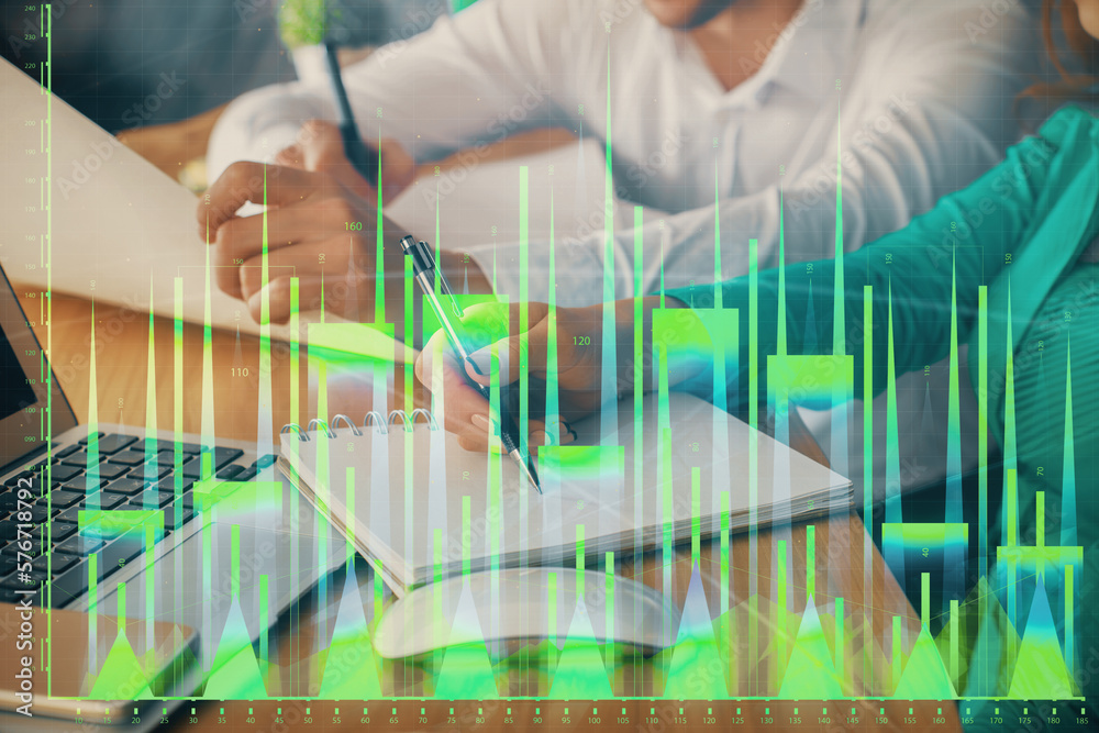 Poster double exposure of forex chart drawing over people taking notes background. concept of financial ana