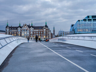 Lille Langebro cycle,  pedestrian bridge and the waterfront buildings in Copenhagen, Denmark
