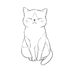 Black and white cat sitting smiling, line drawing for coloring.