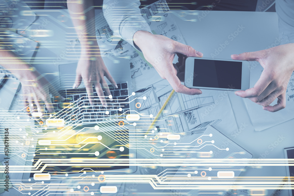 Poster double exposure of man and woman working together and data theme hologram drawing. computer backgrou