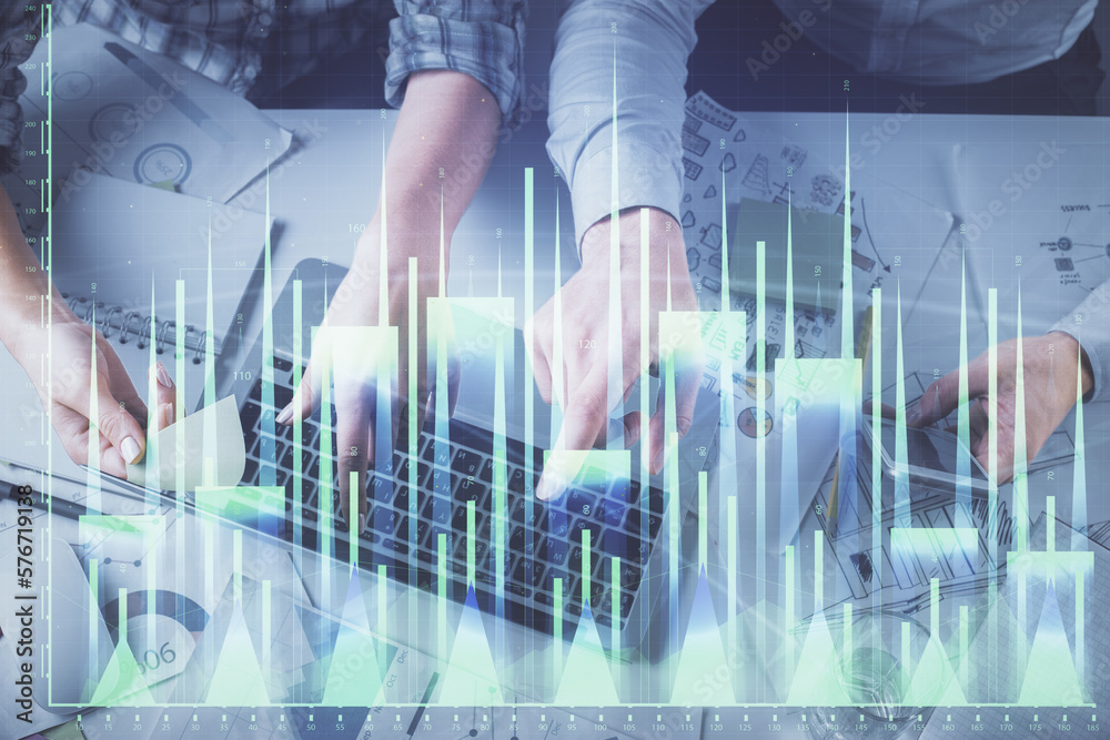 Aufkleber double exposure of man and woman working together and forex graph hologram drawing. financial analys