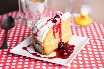 Sponge cake with cherry sauce.