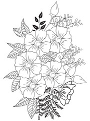 Flower coloring book page for adult and kids. Cute doodle composition with abstract flowers and leaves.