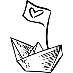 Paper boat with a flag on which a heart sketch hand draw