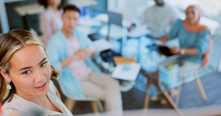 Obraz premium Presentation, business whiteboard and woman leadership in management meeting, coaching and workshop. Training, seminar and female manager planning in office, company and team strategy for our vision