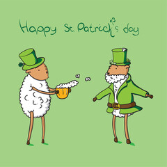 Line art handdrawn vector illustration for holiday of Happy St. Patrick's Day. Cute cartoon character. Doodle lamb in green Irish top hat with clover froths. Sheep in jacket with beard. greeting card