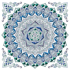マンダラアート(ハート、幾何学模様、円形、五角形、金属、海色、ブルー)