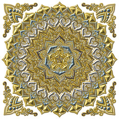 マンダラアート(ハート、幾何学模様、円形、五角形、金細工)