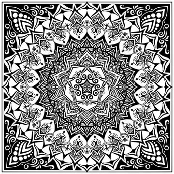 マンダラアート(ハート、幾何学模様、円形、五角形、線画、モノクロ)