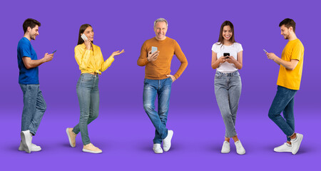 Obraz premium Happy adult and millennial different men and women in casual chatting on smartphone, call, talk