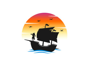 Sailing ship in sunset view vector logo