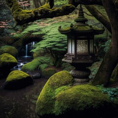 Japanese Zen Garden, The image includes a waterfall flowing in the background with moss covered lantern standing in the foreground, Generative AI