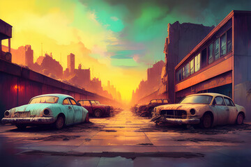 Obraz na płótnie Canvas AI Digital Illustration Old Abandoned Car Parking