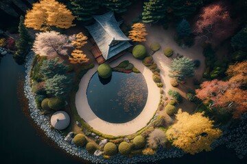 Japanese Zen Garden, Drone view, Generative AI