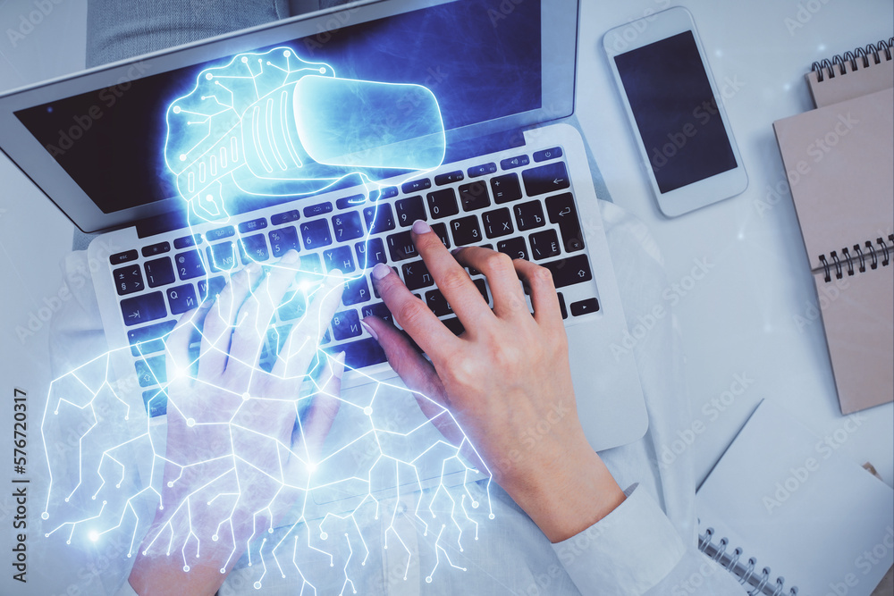 Poster double exposure of woman hands working on computer and man in ar glasses hologram drawing. top view.