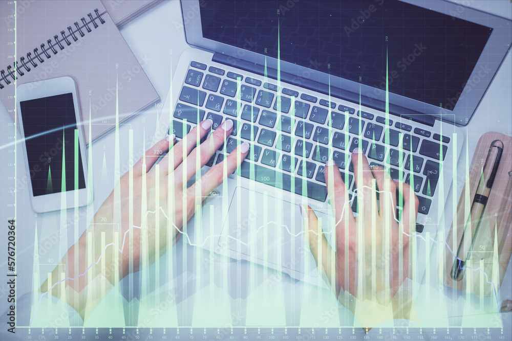 Aufkleber double exposure of woman hands working on computer and forex graph hologram drawing. top view. finan