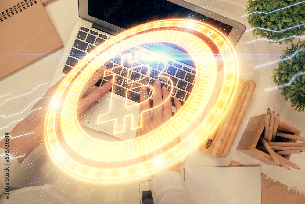 Poster Double exposure of woman hands working on computer and blockchain theme hologram drawing. Top View. bitcoin cryptocurrency concept.