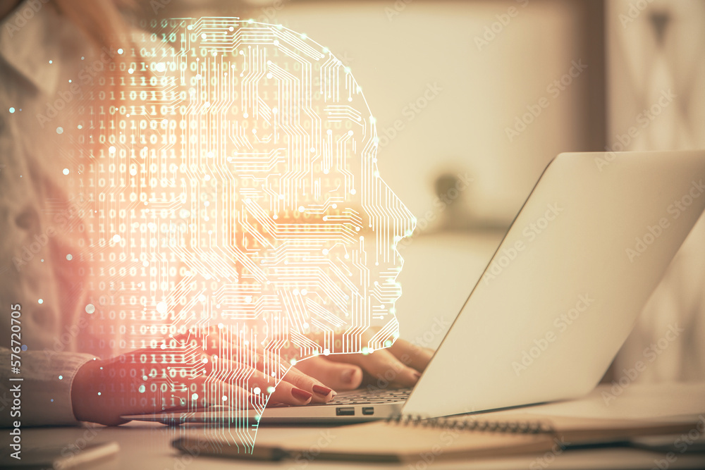 Poster multi exposure of woman hands working on computer and human brain hologram drawing. ai tech concept.