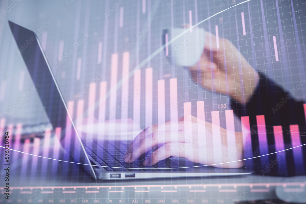 Poster double exposure of businesswoman hands typing on computer and forex graph hologram drawing. financia