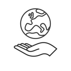 Obraz premium Hand holding planet earth, linear vector icon. Save the planet. Earth day symbol. World Environment Conservation.