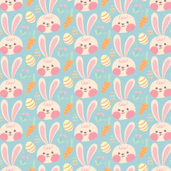 Patrón de fondo de Pascua transparente celeste con huevos de Pascua, zanahorias y conejo de pascua