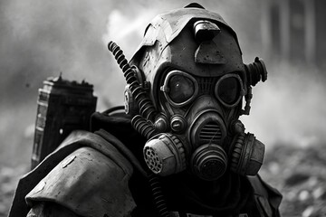 a soldier. With a chemical mask and many details and special clothes. Anti-chemical in a scene of the ruins of the war. Very real. And black and white, generative ai