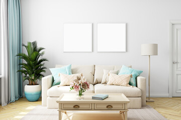 Frame mockup in living room, 3d render