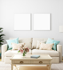 Mockup poster modern living room with sofa, 3d rendering
