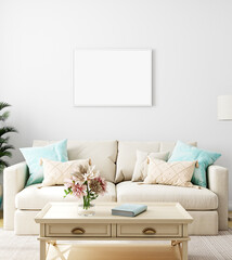 Boho frame mockup in living room, 3d render