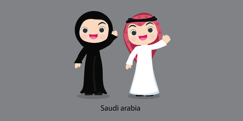 Saudi Arabia. People in national dress with a flag. Man and woman in traditional costume. Vector flat illustration.