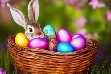 Fototapeta na wymiar basket with Easter eggs. Photo theme - Easter cute bunny fantasy art GENERATIVE AI