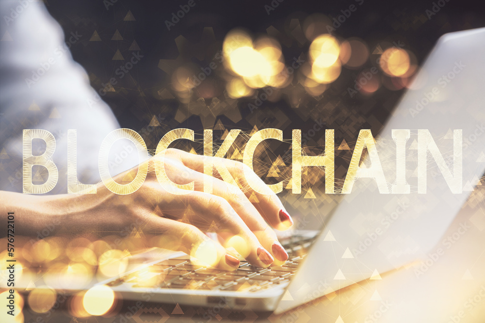 Poster double exposure of woman hands typing on computer and crypto market theme hologram drawing. blockcha
