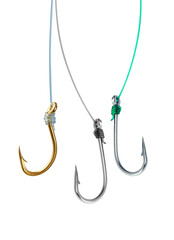 Fishing hooks, angling equipment. Isolated on white background