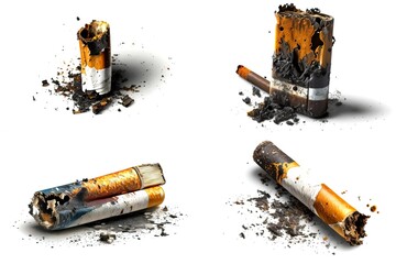Set of burnt cigarettes with ash on white background, collage of the remains of burnt cigarettes, no smoking conceptual illustration. Generative Ai