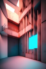Abstract architectural concrete and rusted metal interior of a minimalist house with colored neon lighting. 3D illustration and rendering - generative ai