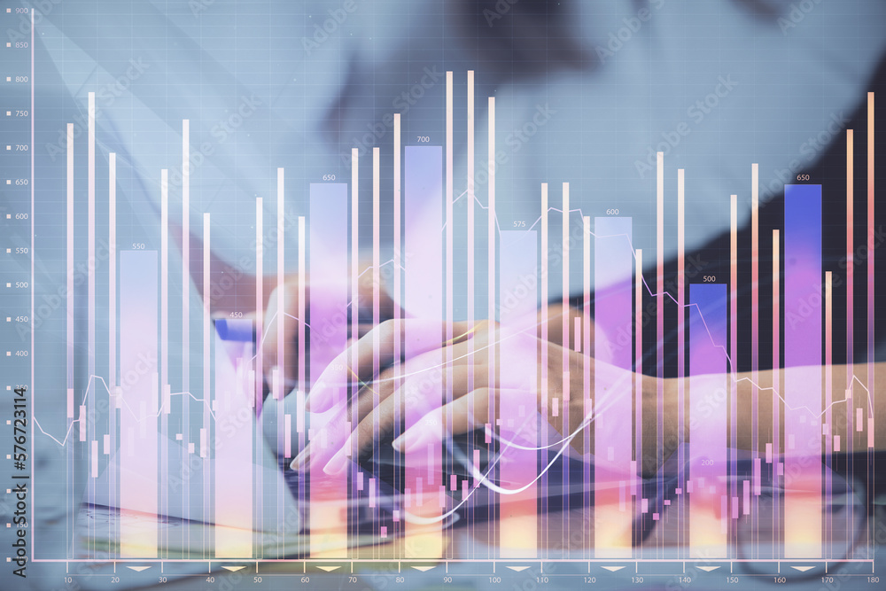 Aufkleber multi exposure of woman hands typing on computer and financial graph hologram drawing. stock market 