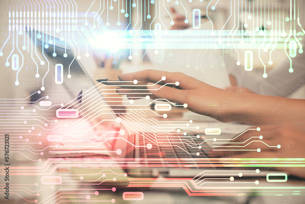 Fototapete multi exposure of woman hands working on computer and data theme hologram drawing. tech concept.