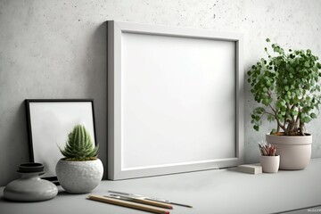 white frame poster mockup on a minimalist desk, Generative AI