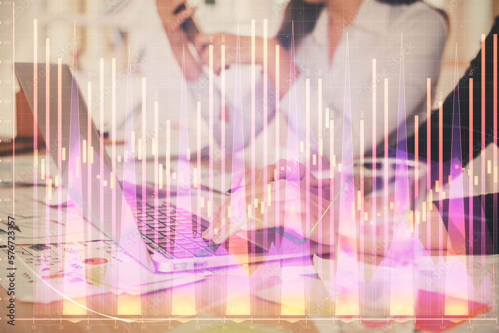 Poster multi exposure of woman hands typing on computer and forex chart hologram drawing. stock market anal