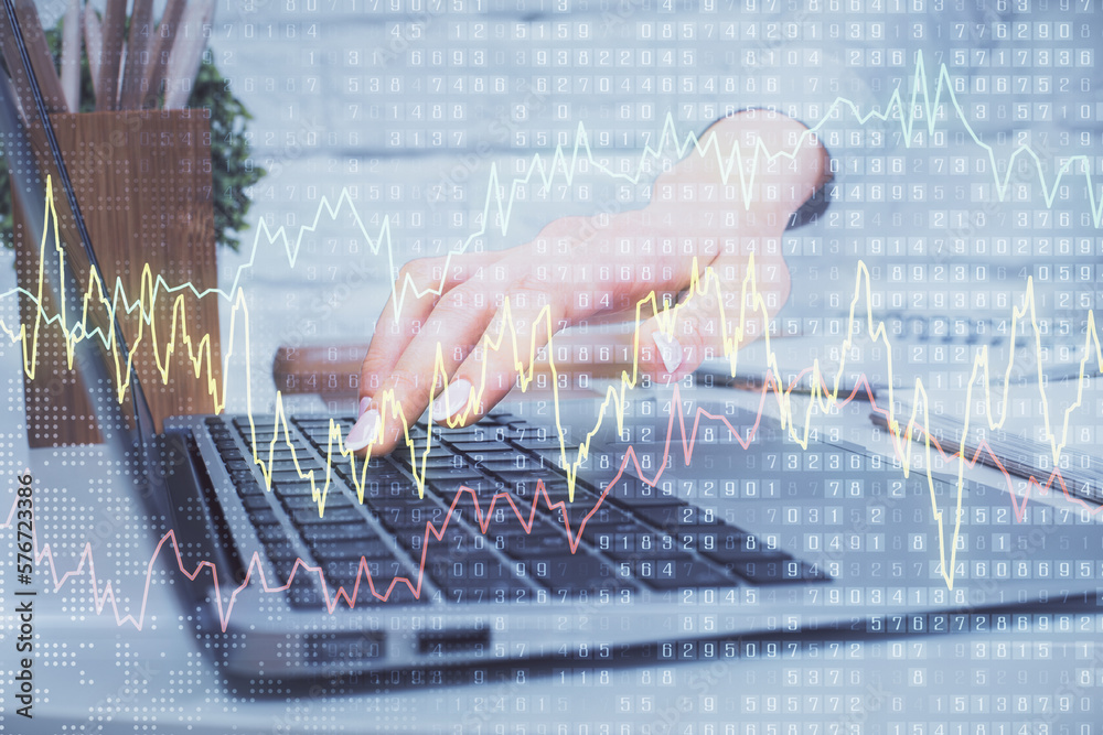 Poster multi exposure of woman hands typing on computer and forex chart hologram drawing. stock market anal