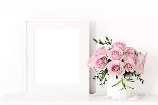 Mock up white frame and bouquet of roses, frame ratio 4:5, 3D rendering