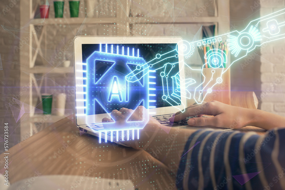 Poster double exposure of woman hands working on computer and data theme hologram drawing. tech concept.