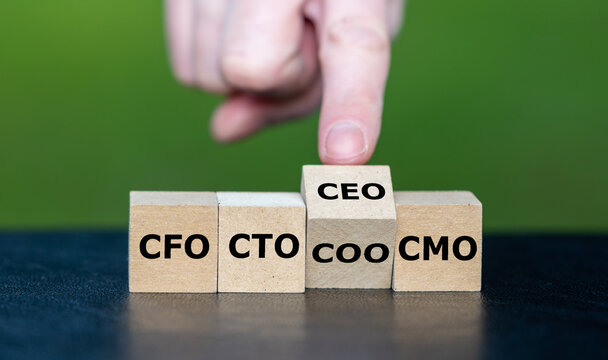 Cubes form the abbreviations 'CFO, CTO, COO, CMO and CEO' as symbol for hierarchy of the leadership in a company.