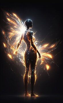 luminous human being in flames on black background