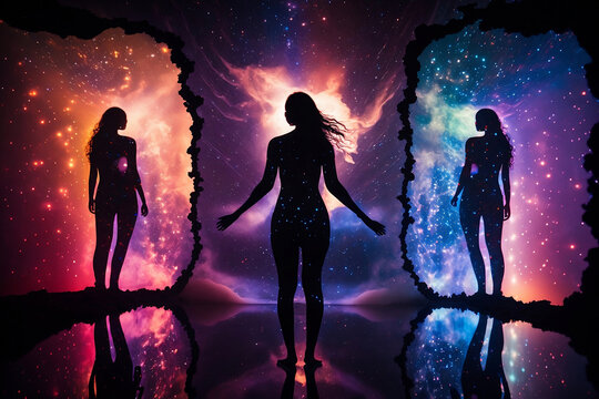 glowing silhouettes of women on space background