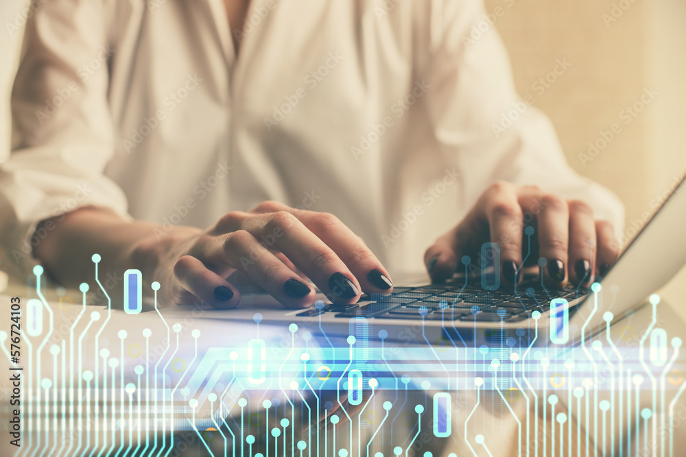 Poster double exposure of woman hands working on computer and data theme hologram drawing. tech concept.