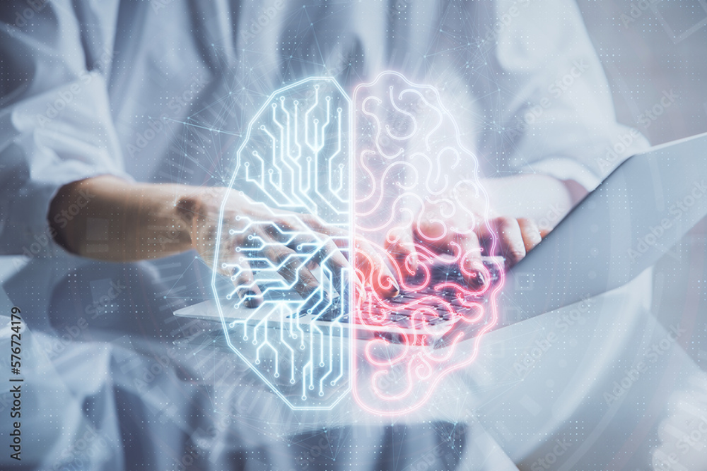 Poster double exposure of woman hands working on computer and brain hologram drawing. ai concept.