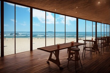 Fototapeta na wymiar Tropical beach bar blurred, wooden table. Ocean view. Generative AI